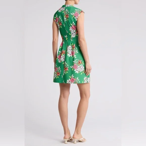 Vince Camuto Green Floral Scuba Knit Fit and Flare Dress Size 8 - Picture 2 of 12